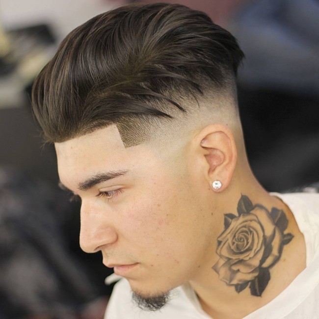 Mid-length hair styled backwards + Skin Fade to white
